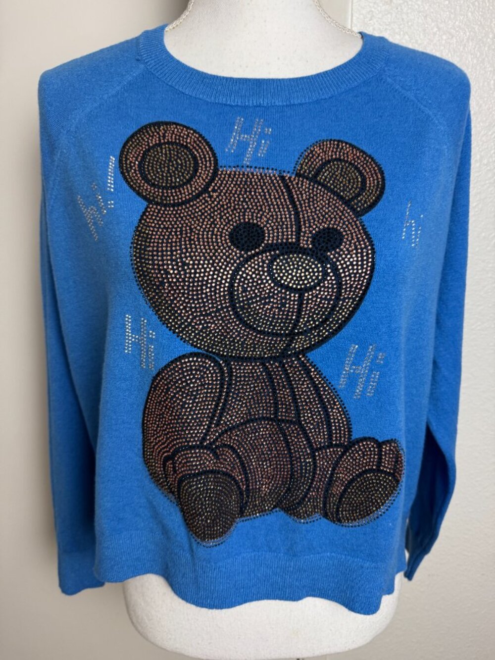 Vinizbena Blue Rhinestone Teddy Bear Sweater Italian Desig Size L